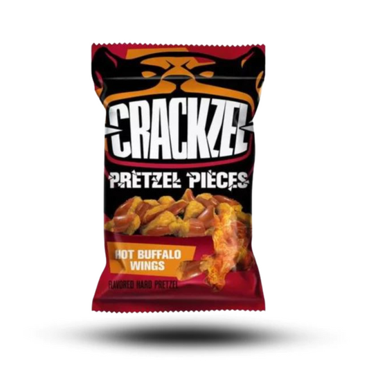 Crackzel Hot Buffalo Wings 85g snack bag with spicy buffalo wing flavor crackers.