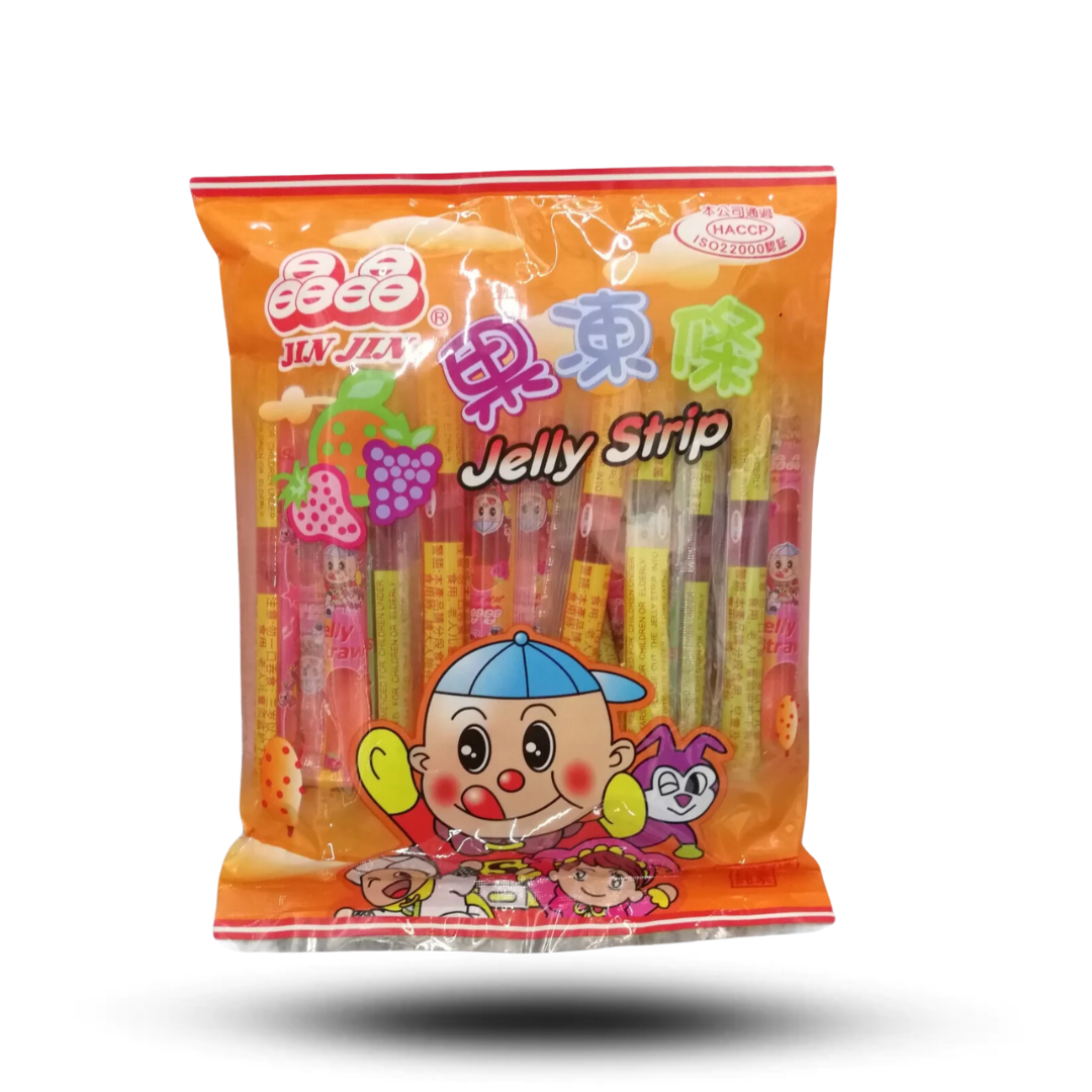 Colorful packaging of Jelly Sticks 200g with cartoon characters and vibrant fruit illustrations.