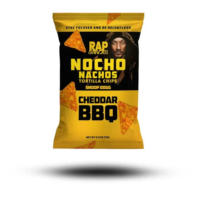 Rap Snacks Snoop Dogg Cheddar BBQ Nocho Nachos 71g packaging featuring cheddar and BBQ flavored tortilla chips.