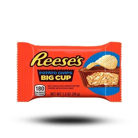 Reese's Peanut Butter Cup Potato Chip 36g packaging with chocolate and potato chip illustration.