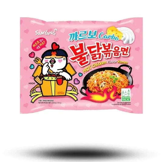 Buldak Carbonara Nudeln 130g Verpackung mit traditionellem koreanischem Design.