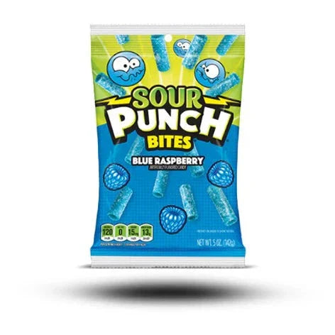 Sour Punch Bites Blue Raspberry 142g packaging with blue candy graphics.