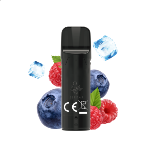 Elfbar Pods 2x2ml mit Beeren und Eiswürfeln im Hintergrund.
