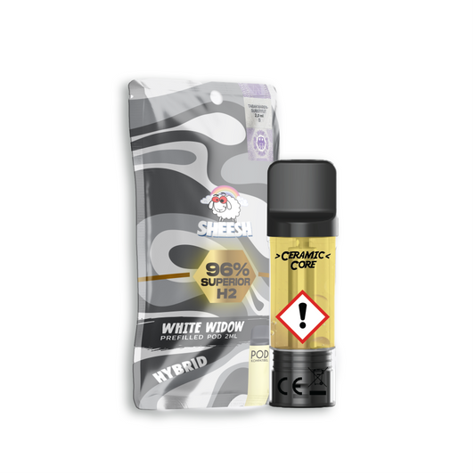 Sheesh H2 Superior Pod White Widow prefilled pod 2ml with packaging in background.