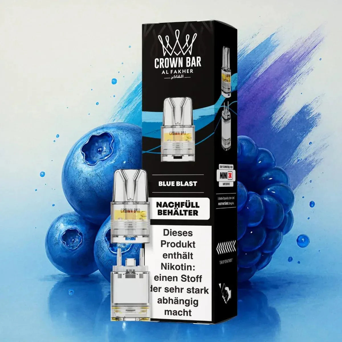Al Fakher Mini Pod-System 3k with blueberry flavor imagery and packaging.