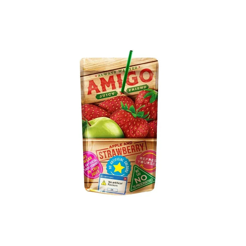 Amigo Strawberry 200ml Softdrink with strawberry flavor packaging.