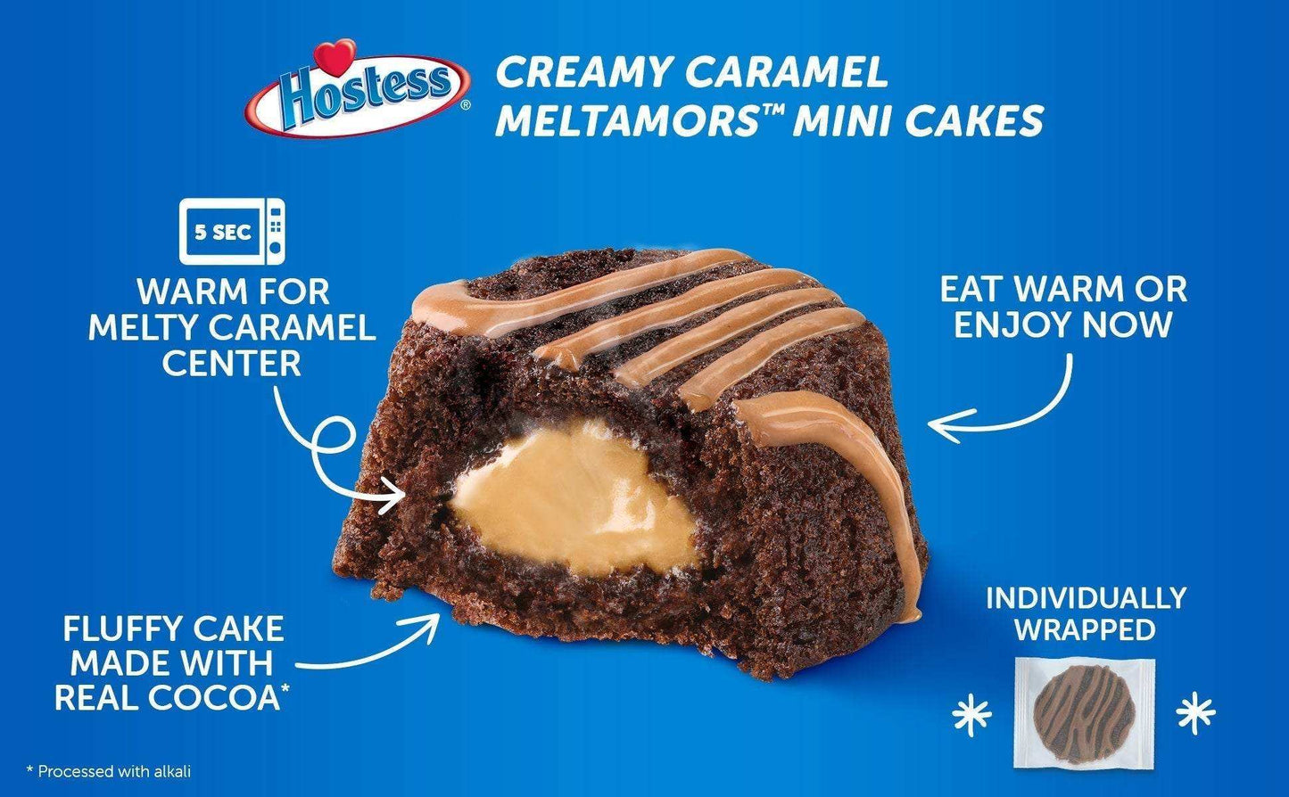 Hostess Meltamors Choco Caramel 264g with creamy caramel center and chocolate cake.