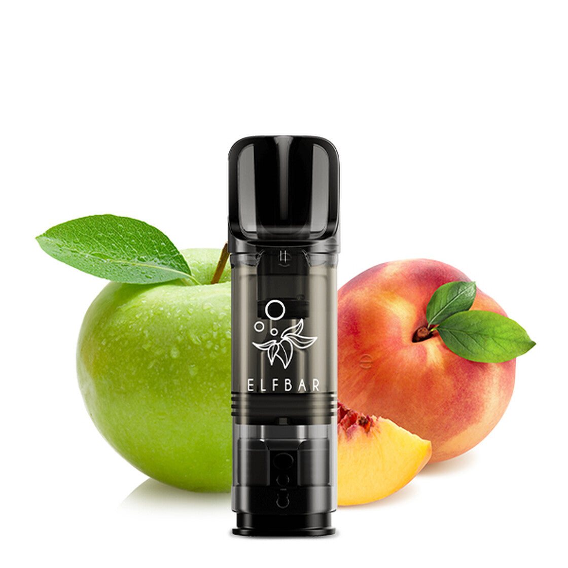 Elfbar Pods 2x2ml mit Apfel- und Pfirsichgeschmack vor Früchten, Nikotinstärke 20mg/ml.
