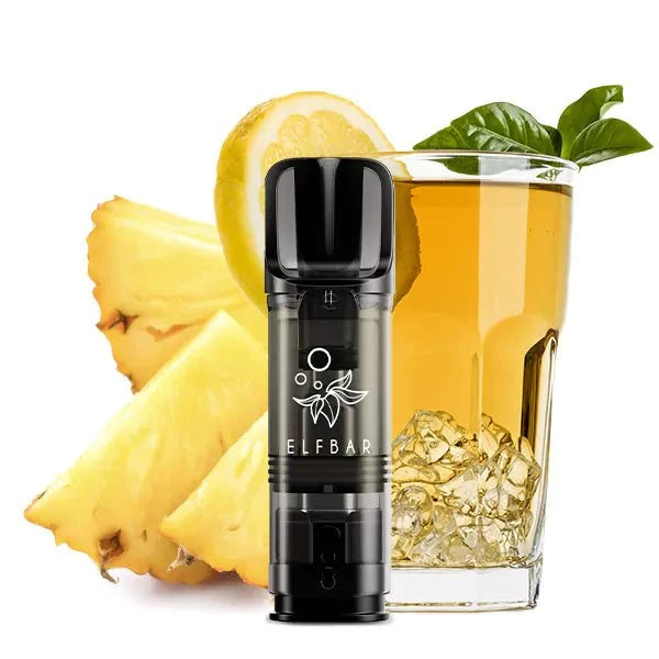 Elfbar 2x2ml Pods vor Ananas- und Getränkehintergrund, Nikotinsalz, bis zu 600 Züge.