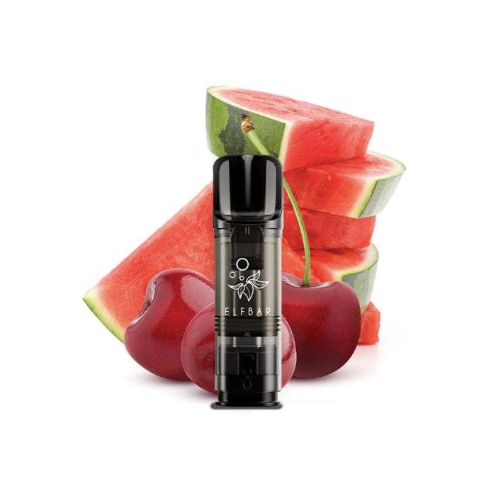 Elfbar Pods with watermelon and cherry background, 2x2ml size.