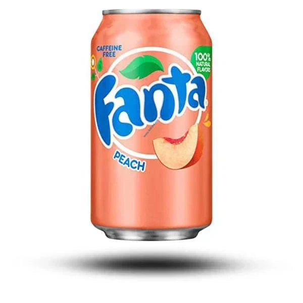 Fanta Peach 355ml can with juicy peach flavor and caffeine-free label.