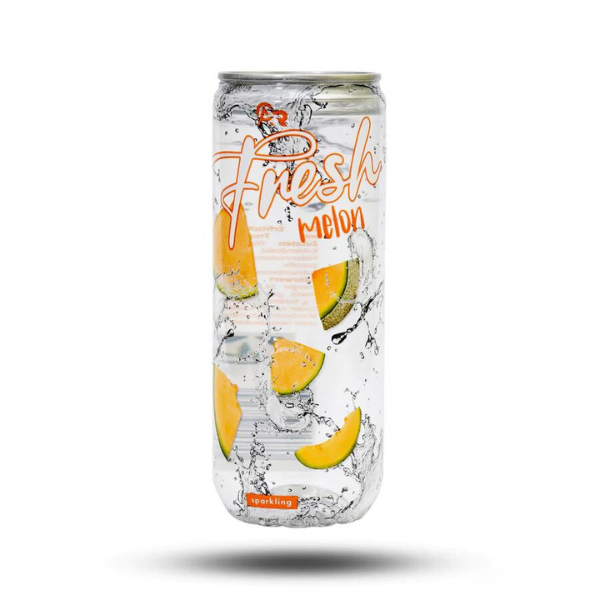 Fresh Melon 330ml Mehrweg drink with melon slices and splashes, refreshing beverage.