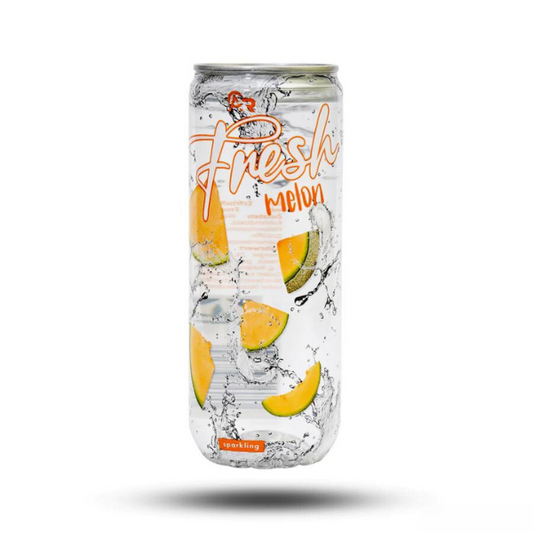 Fresh Melon 330ml Mehrweg drink with melon slices and splashes, refreshing beverage.