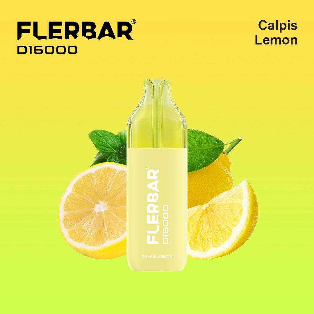 Flerbar 16K Mehrweg Flasche mit Calpis Lemon Geschmack vor Zitronenscheiben und grünem Hintergrund