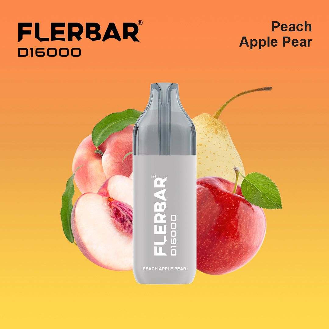 Flerbar 16K E-Zigarette Mehrweg mit Pfirsich Apfel Birne Geschmack vor orangem Hintergrund