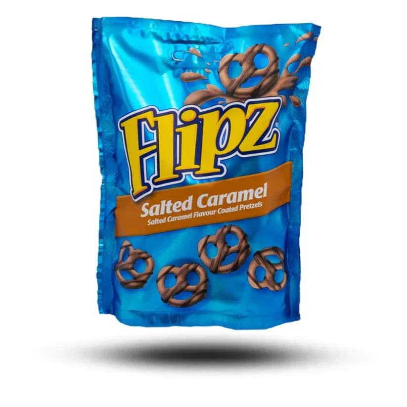 Flipz Salted Caramel 90g bag packaging with pretzel design.