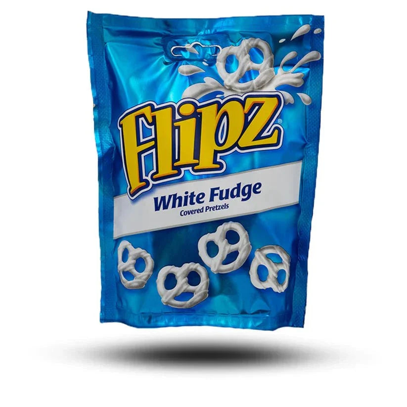 Flipz White Chocolate Pretzels 90g package with white chocolate covered pretzels.