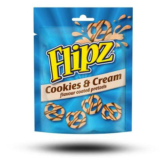 Flipz Cookies & Cream 90g bag with pretzels coated in white chocolate and cookie pieces.