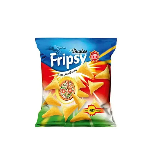 Fripsy Sticks Pizza Napolitana 50g packaging and snack sticks close-up