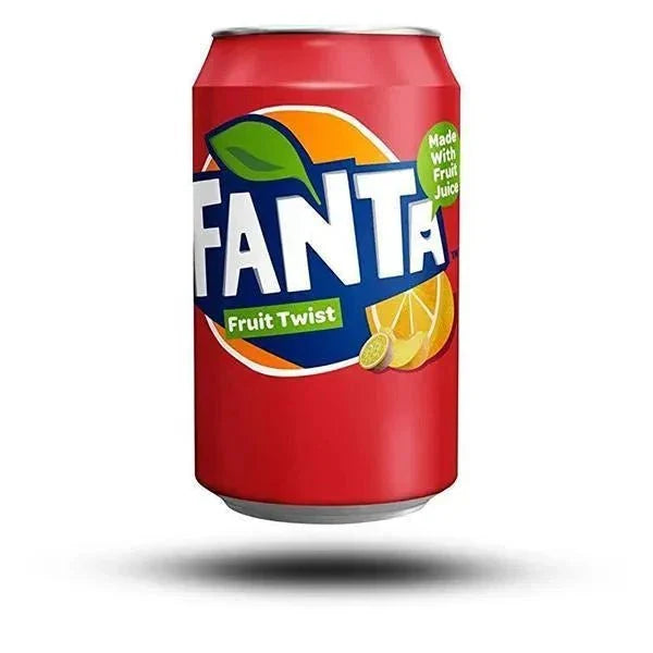 Fanta Fruit Twist 330ml can with citrus fruit design.