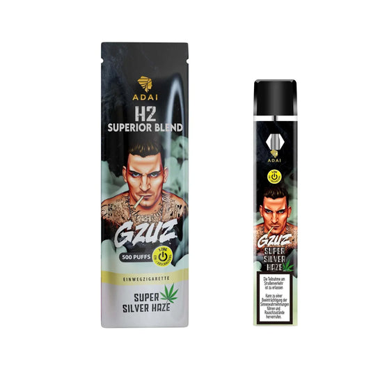 GZUZ Vape V2 95% H2 Superior Blend E-Shisha in Super Silver Haze flavor, 1ml, offering 500 puffs.