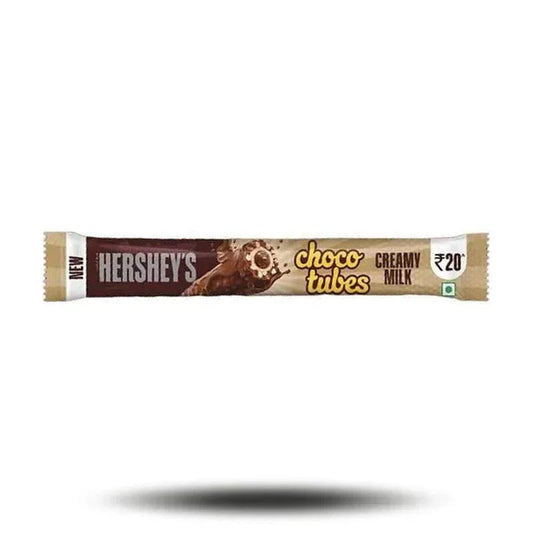 Hershey's Choco Tubes Creamy Milk 25g packaging with crispy wafer and milk chocolate filling.