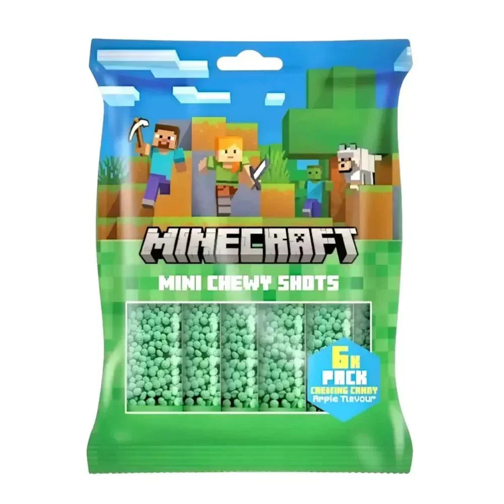 Minecraft Mini Chewy Shots 90g candy pack showing colorful chewy sweets