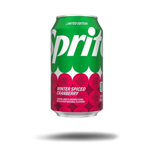 Sprite Spiced Cranberry 355ml can with green and red winter-themed design.