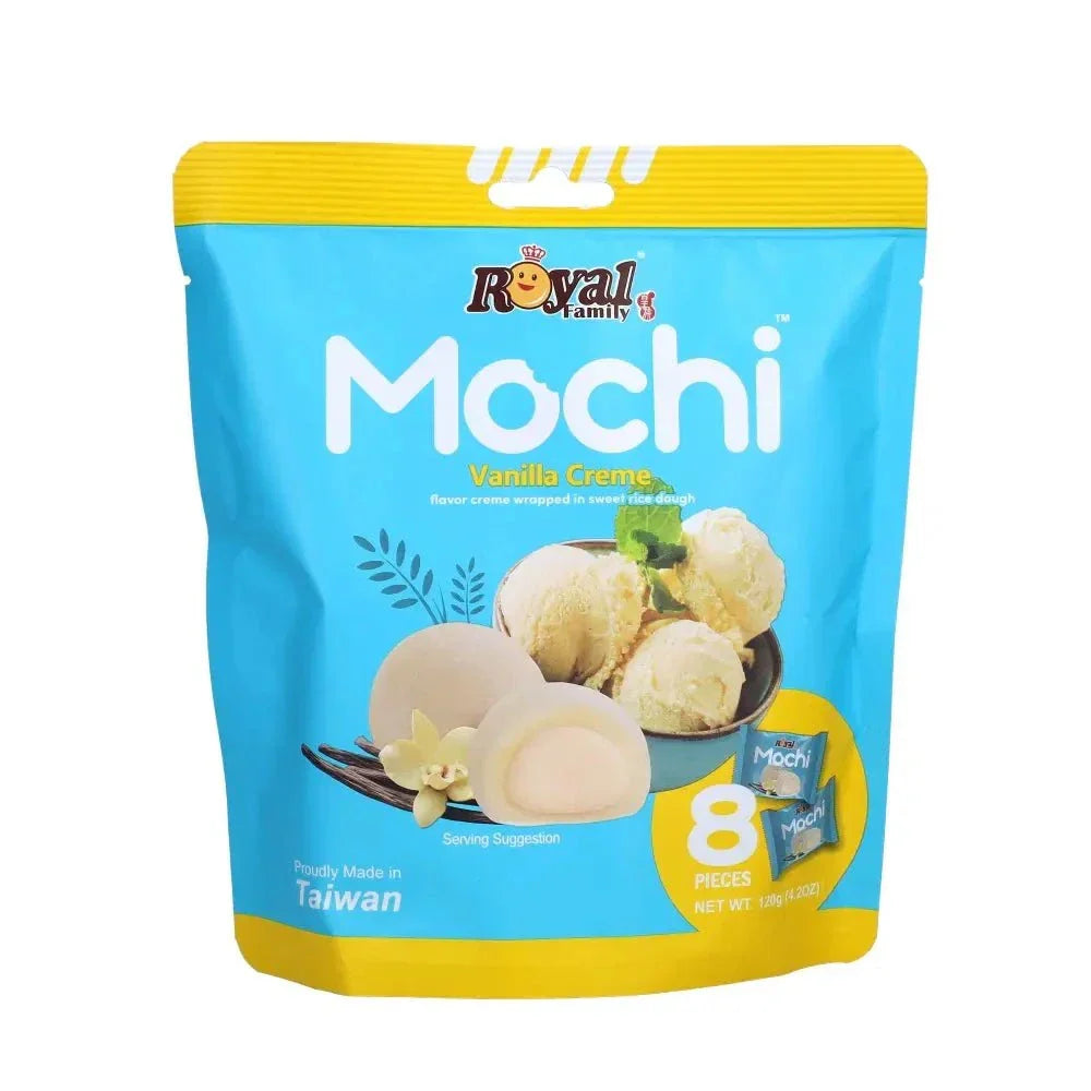 Royal Family Mochi Vanilla Creme 120g packaging with mochi balls displayed
