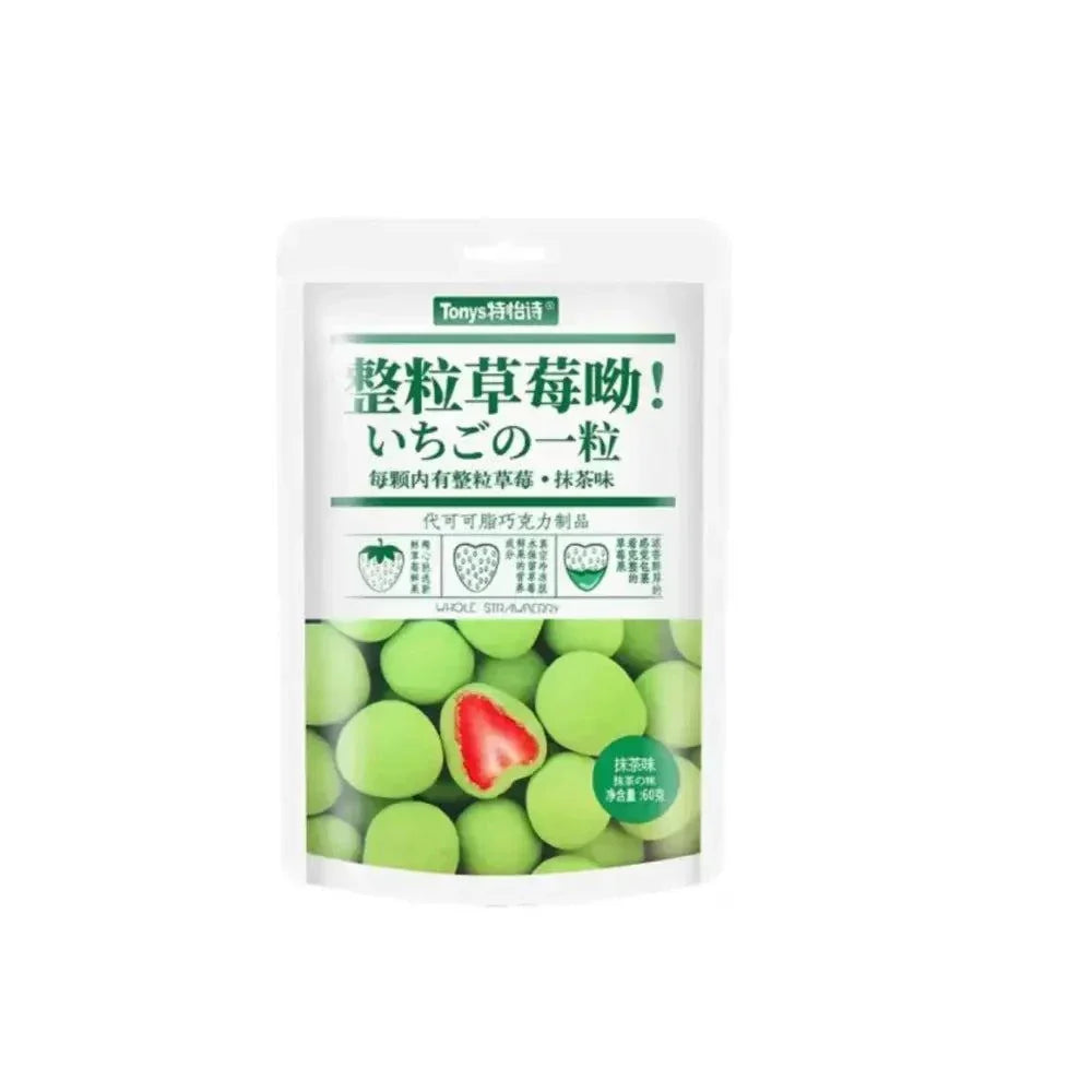 Tonys Freeze Dried Strawberry Matcha 60g package with strawberries and matcha powder